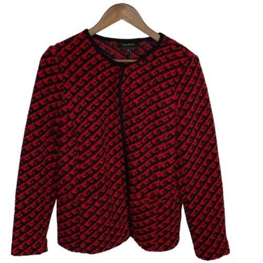 Talbots Womens Sweater Yarn Knit Wool Blazer Jacket Sz M Red Black Office Career